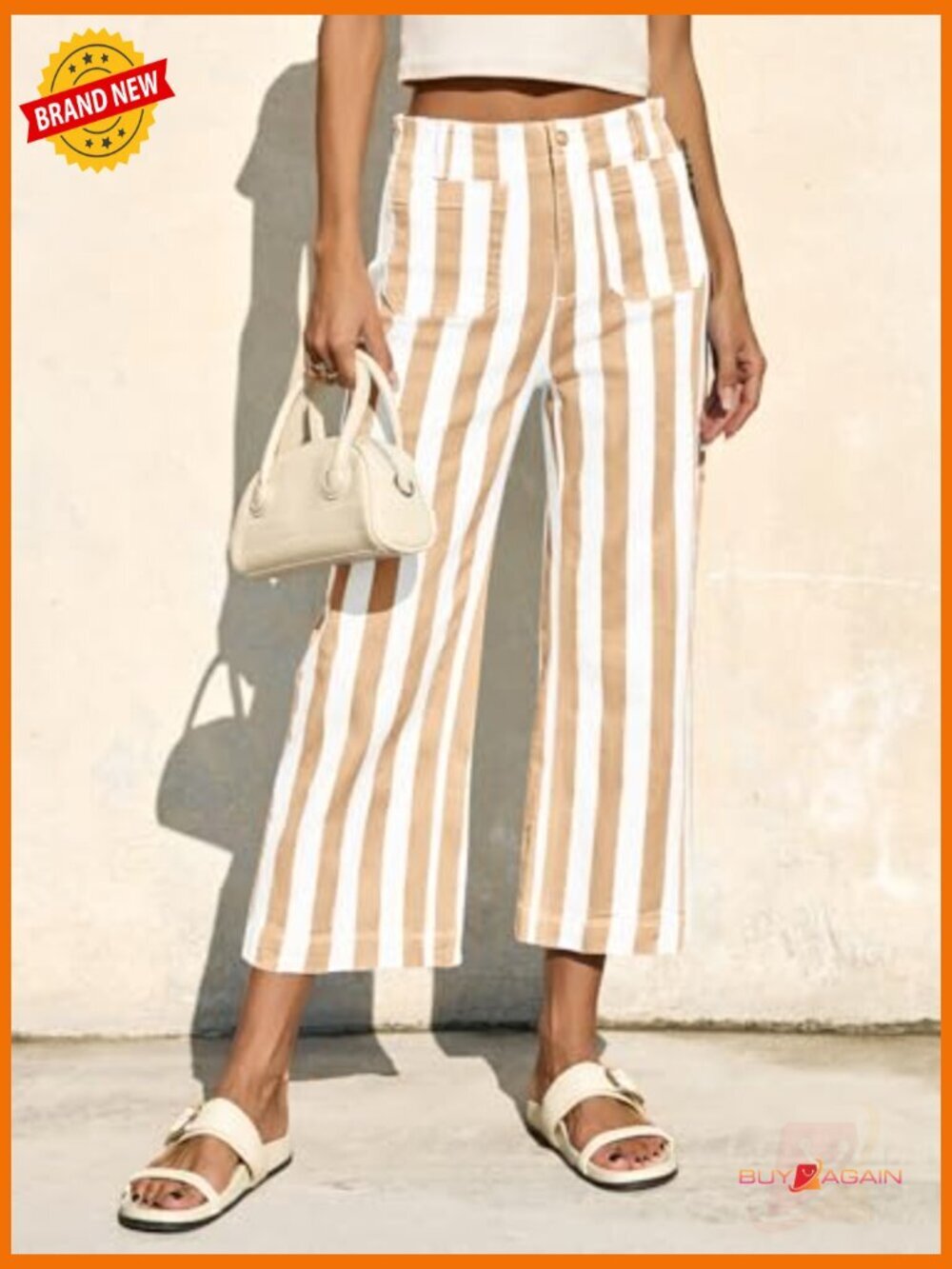 High Waisted Cropped Striped Jeans Stretchy Denim Pockets Straight Leg - Picture 5 of 7
